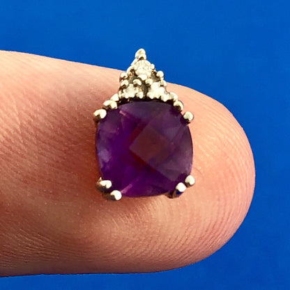 Designer 14K White Gold Cushion Cut Amethyst Diamond Accent Charm Pendant