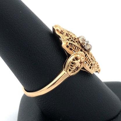 Vintage 10K Yellow Gold Diamond Floral Filigree Statement Finger Ring