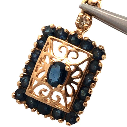 Designer 14K Yellow Gold Oval Sapphire Diamond Accented Filigree Pendant