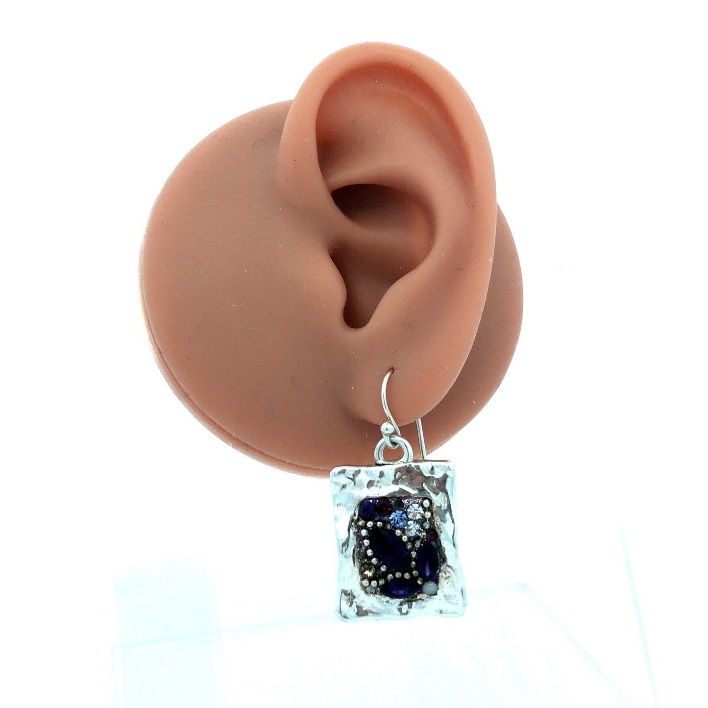 Vintage 925 Sterling Silver Purple Cubic Zirconia Rectangle Hook Earrings