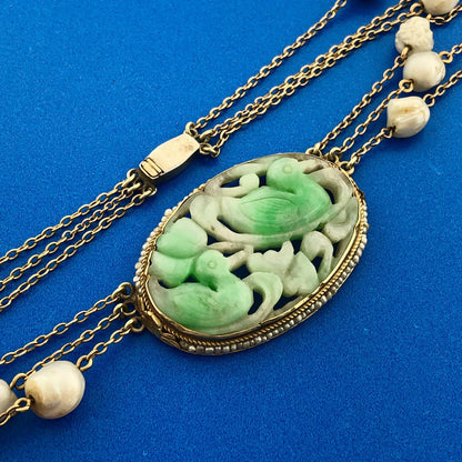 14k Yellow Gold Carved Jade White Pearl 18" 3 Strand Swimming Duck Necklace