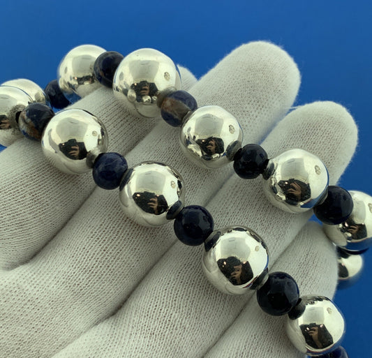 Taxco Mexico Designer TM-09 Sterling Silver 925 Lapis Bead 24" Strand Necklace