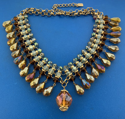 Fabulous Designer Estate Gold Tone Crystal Bead 4 Row Statement Collar Necklace