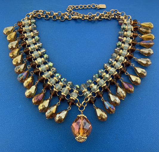 Fabulous Designer Estate Gold Tone Crystal Bead 4 Row Statement Collar Necklace