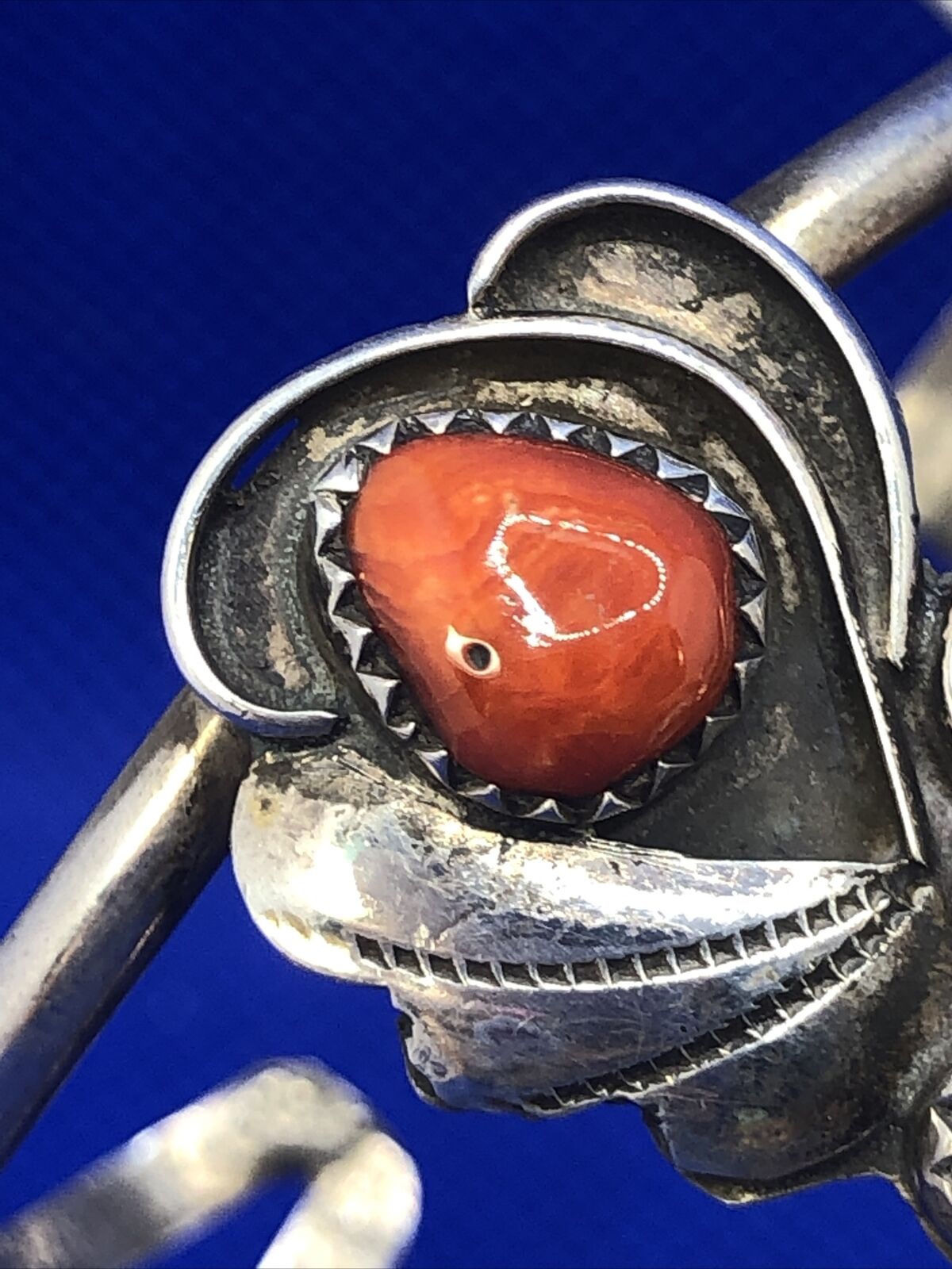 Old Pawn 925 Sterling Silver Squash Blossom Turquoise & Coral Open Cuff Bracelet