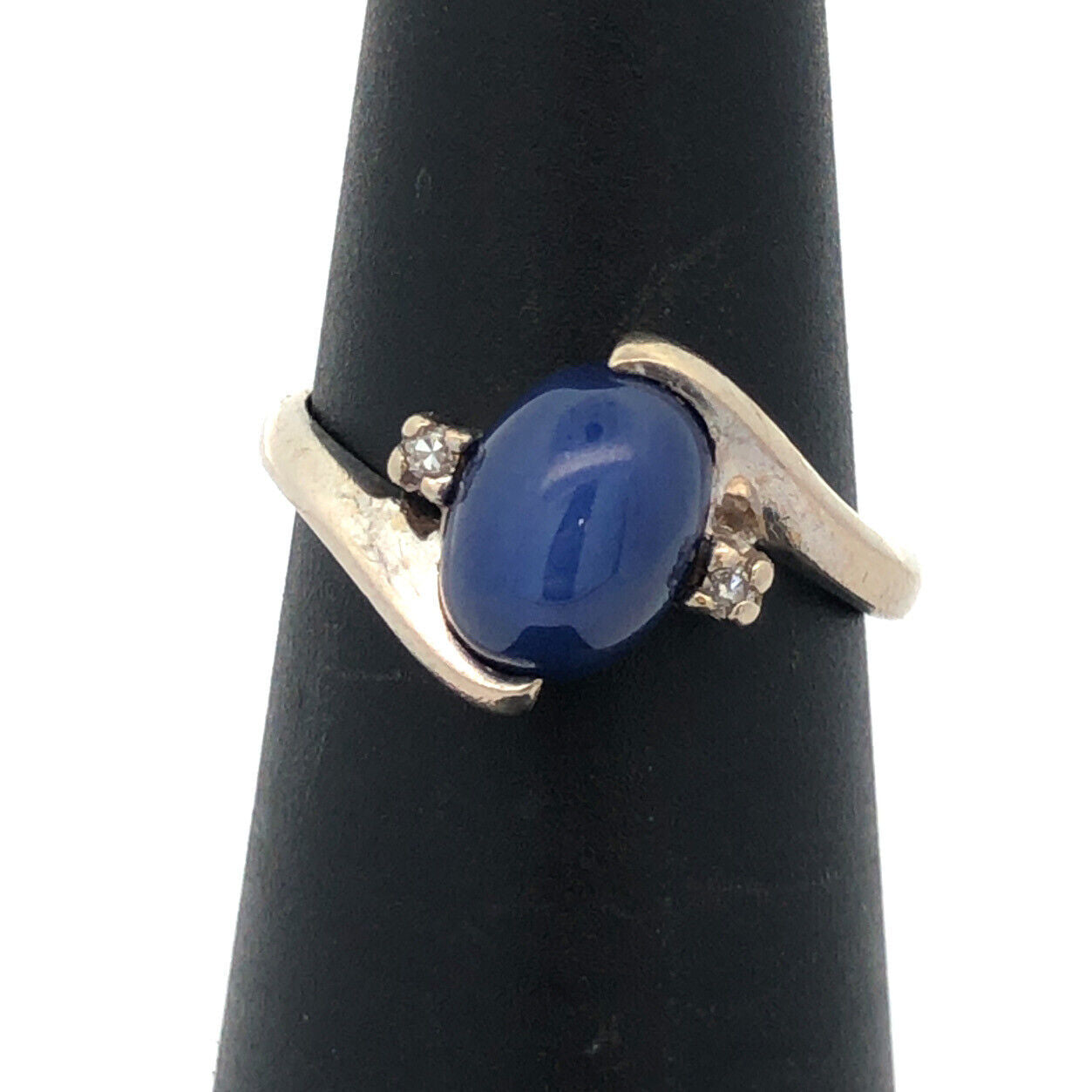 Designer 14K White Gold Oval Blue Star Sapphire Diamond Accent Bypass Ring
