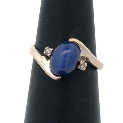 Designer 14K White Gold Oval Blue Star Sapphire Diamond Accent Bypass Ring