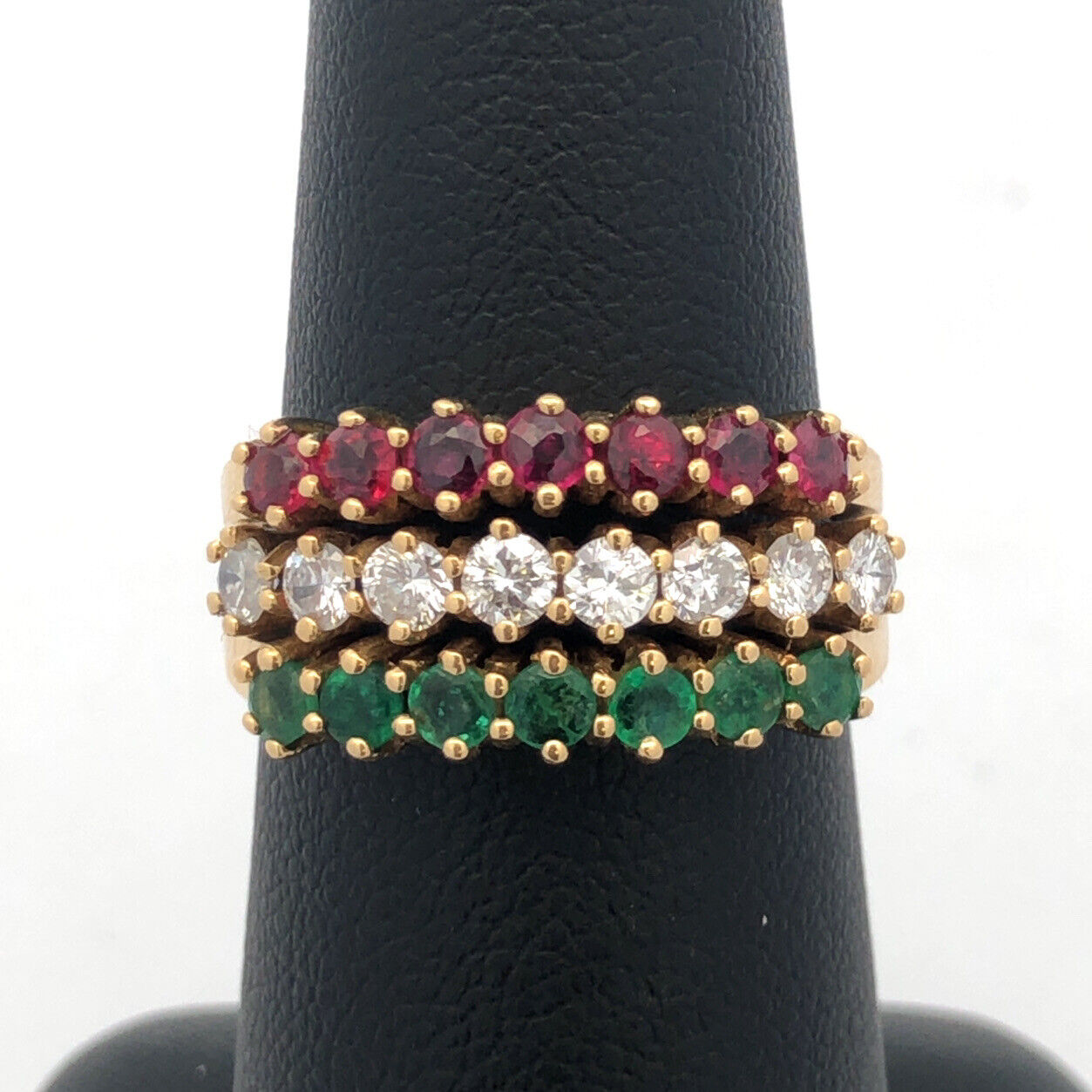 18K Yellow Gold Ruby Emerald Diamond Three Band Anniversary Cocktail Ring