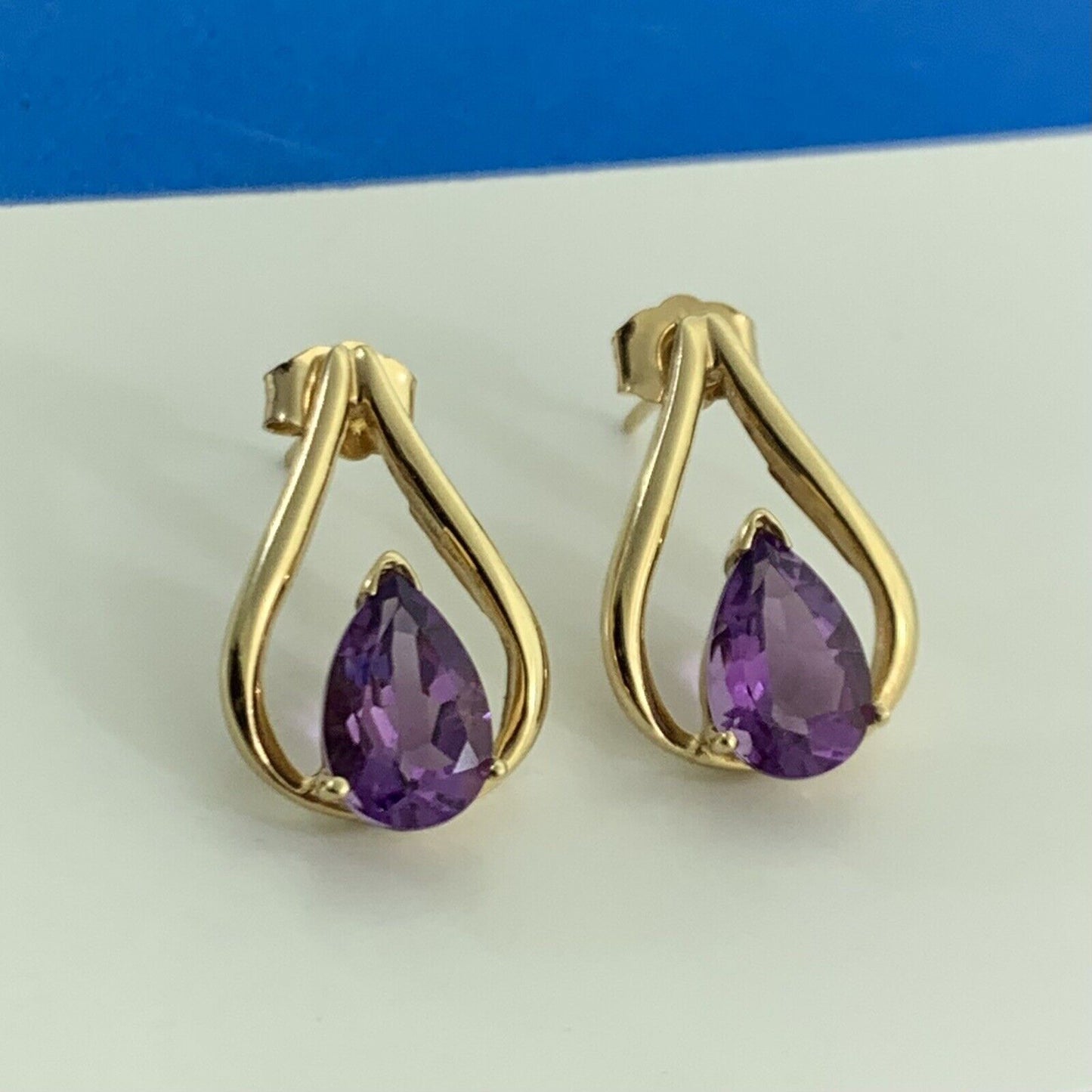 Designer 10K Yellow Gold Pear Shaped Amethyst Drop Stud Earrings