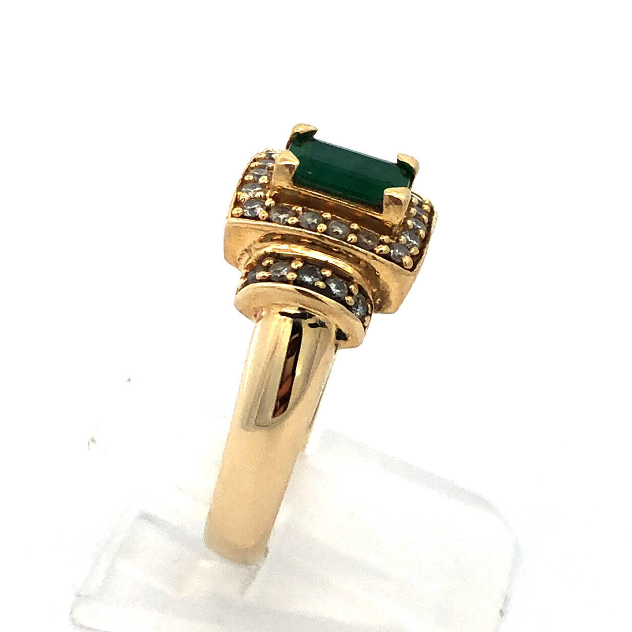 Vintage 14K Yellow Gold Emerald Diamond Halo Statement Cocktail Ring