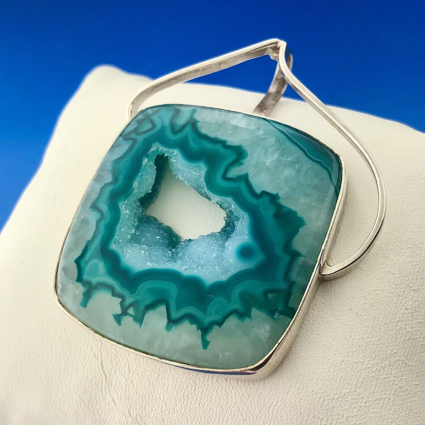 Stunning Sterling Silver 925 Blue Green Druzy Quartz Modernist Statement Pendant