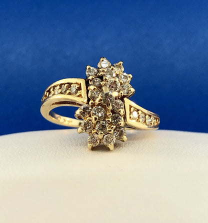Vintage 14K Yellow Gold Diamond Waterfall Flower Cluster Statement Cocktail Ring