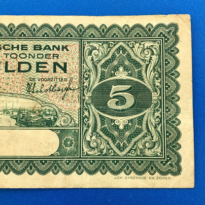 1930 Curacao 5 Gulden De Curacaoshe Bank Dutch Administration Rare Currency Note