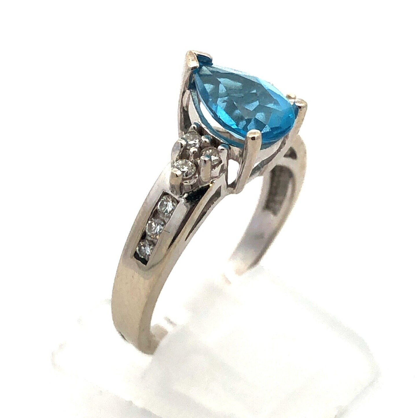 Designer 14K White Gold Pear Blue Topaz Round Diamond Engagement Size 7 Ring