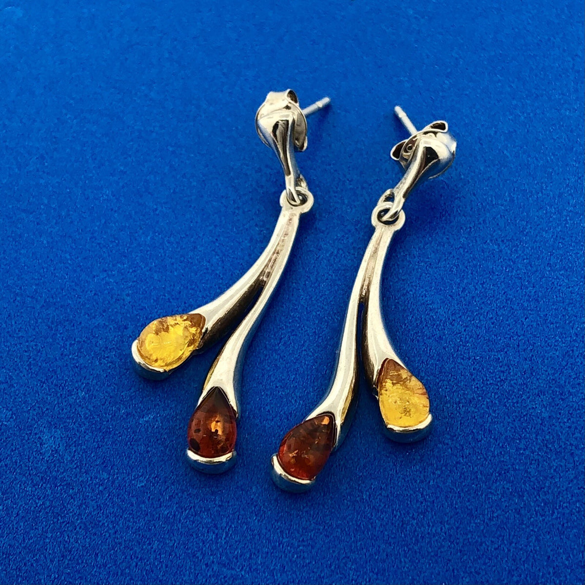 Stunning Sterling Silver 925 Teardrop Red Yellow Amber Dripping Dangle Earrings
