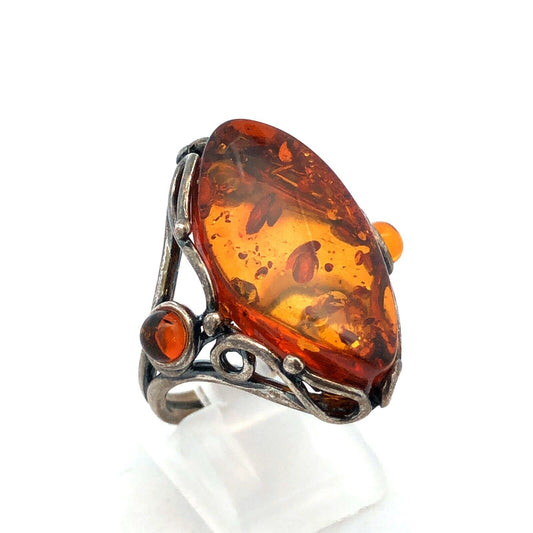 Vintage Designer PL 925 Sterling Silver Oval Amber Statement Ring
