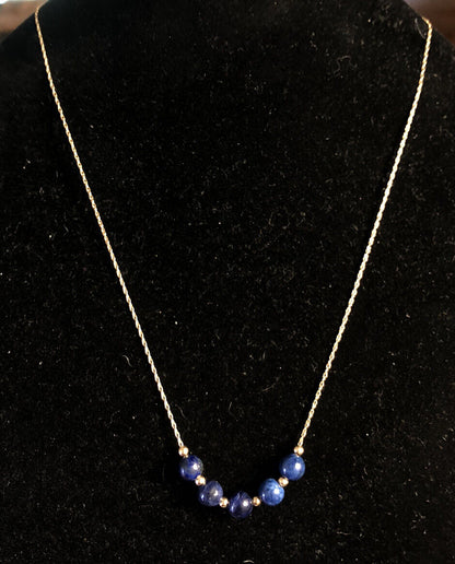 Designer 14K Yellow Gold Round Lapis Lazuli Beaded Chain Necklace