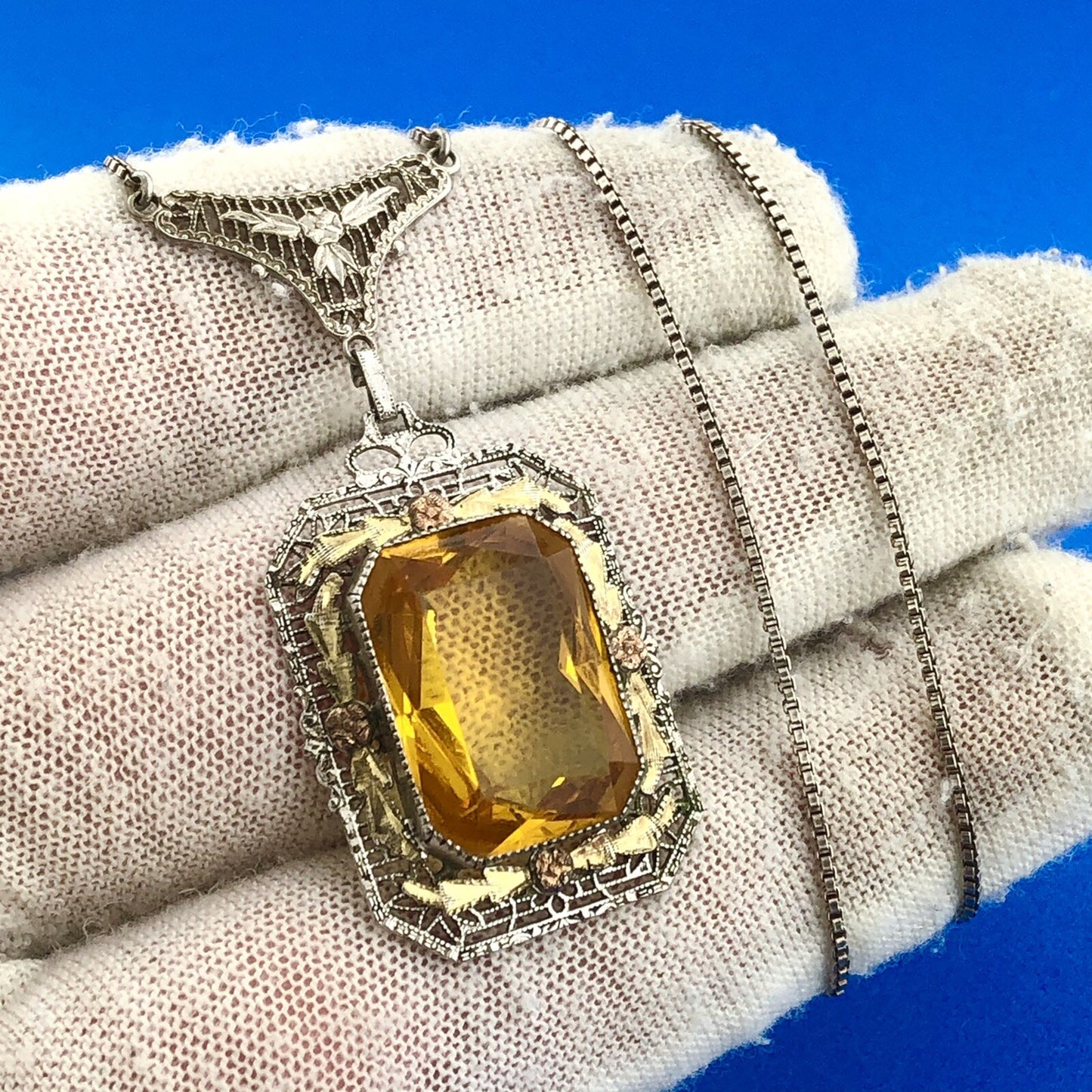 Italy 925 Sterling Silver 14K Yellow Gold Lemon Quartz Filigree Floral Necklace