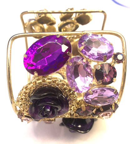 Designer Gold Tone Purple Cubic Zirconia Acrylic Statement Open Cuff Bracelet