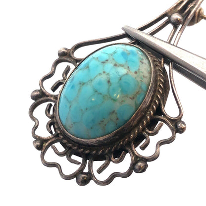 Vintage Taxco EMV 925 Sterling Silver Oval Larimar Cabochon Dangle Drop Earrings