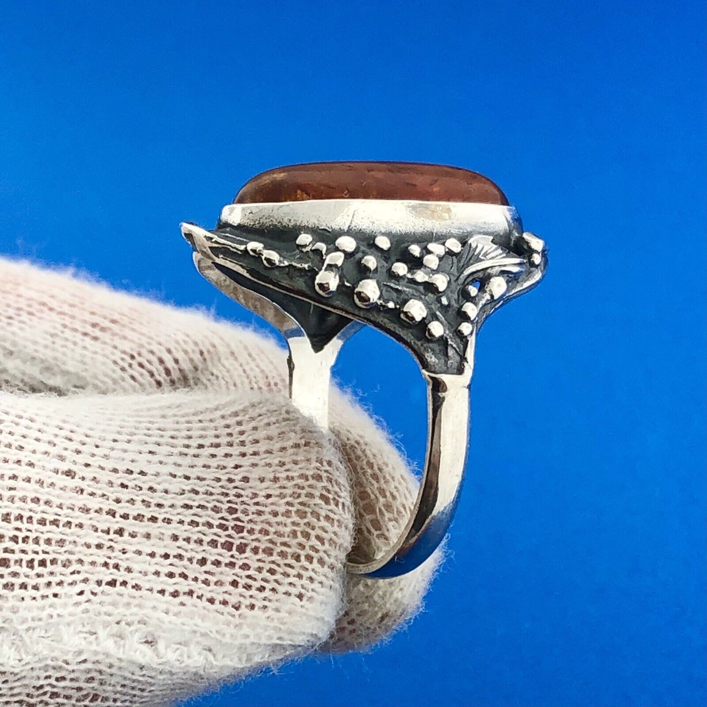 Stunning Sterling Silver 925 Oval Cabochon Amber Floral Finger Ring Size 8.75