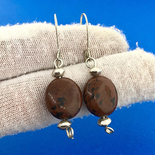 Lovely Silver Toned Brown Black Cabochon Agate Leverback Dangle Earrings