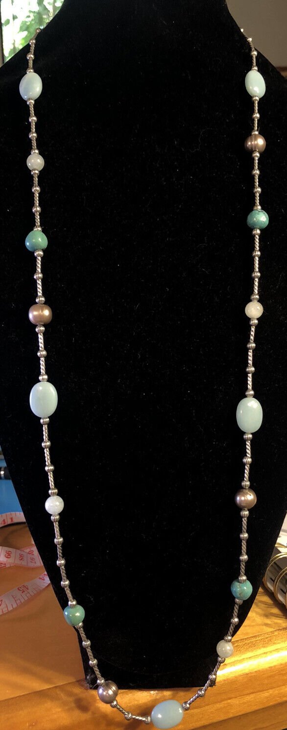 Native American Carolyn Pollack 925 Silver Turquoise Pearl Beaded Necklace