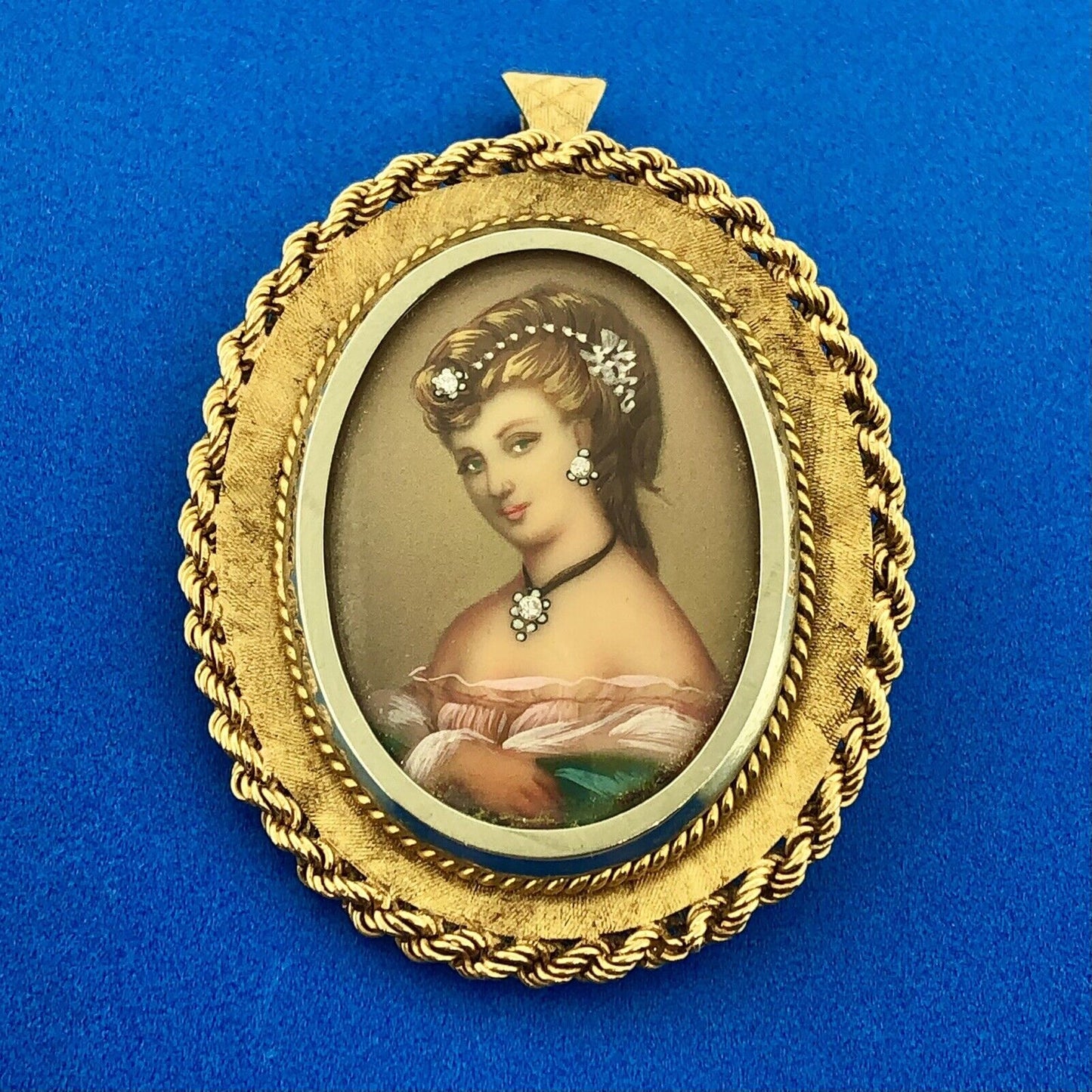 Vintage FJE Italy 18k Yellow Gold Diamond Hand Painted Portrait Brooch Pendant