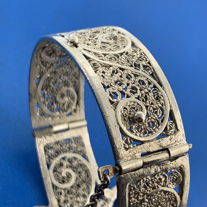 Vintage Artisan Sterling Silver Filigree Scroll Flower Statement Cuff Bracelet