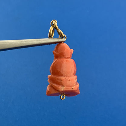 Gorgeous 10k Yellow Gold Carved Coral Meditation Praying Monk Dangle Pendant