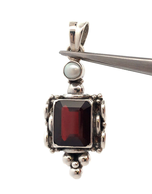 Designer Vintage Pearl Red Garnet 925 Sterling Silver Pendant
