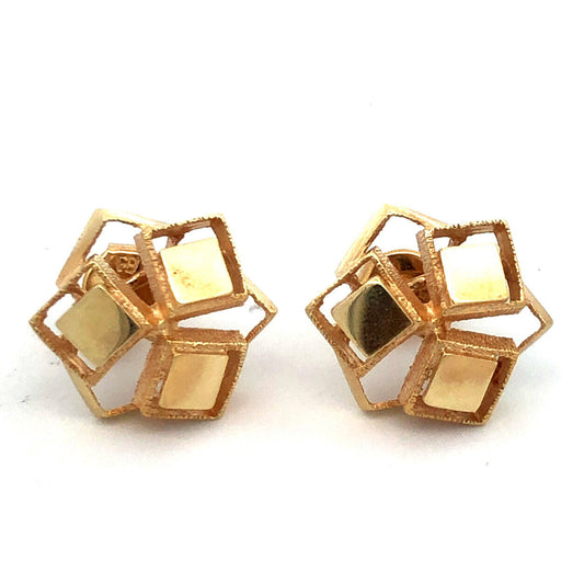 Designer 14K Yellow Gold Modernist Geometric Square Statement Stud Earrings