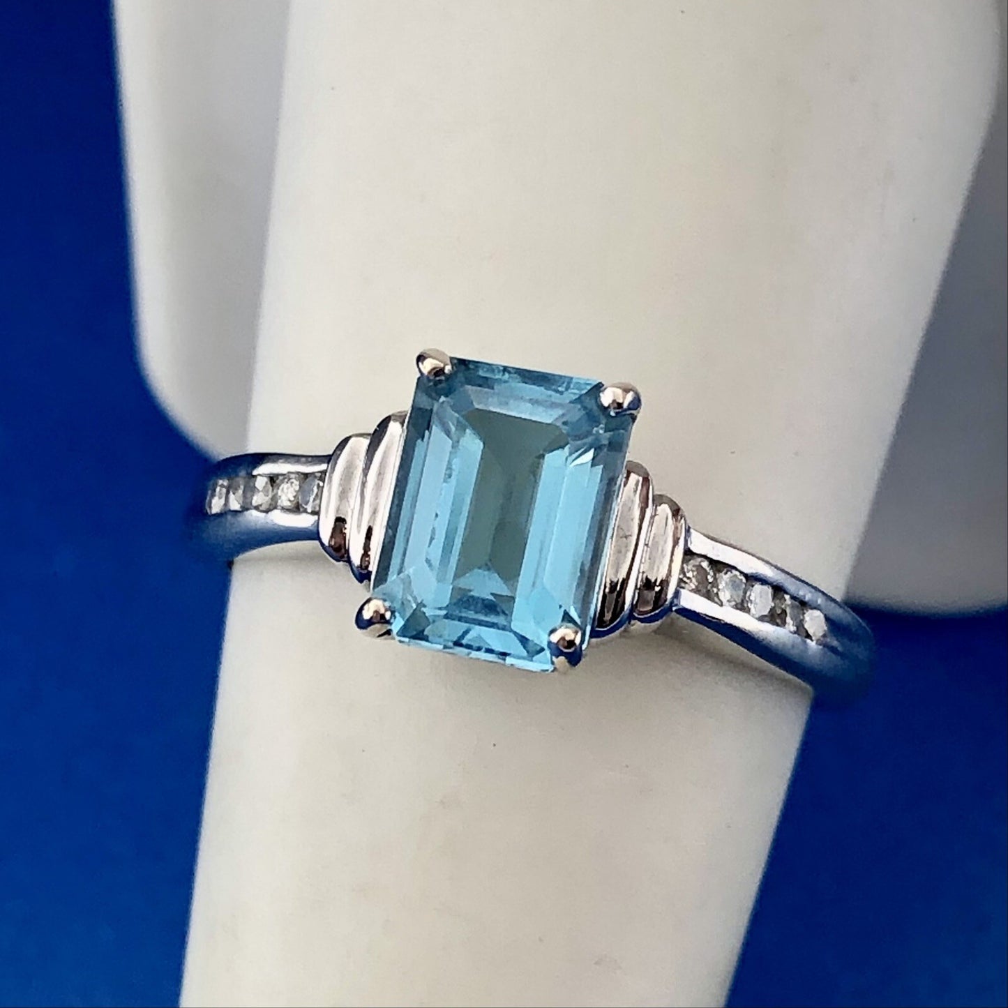 14K White Gold Rectangular Blue Topaz Diamond December Anniversary Cocktail Ring