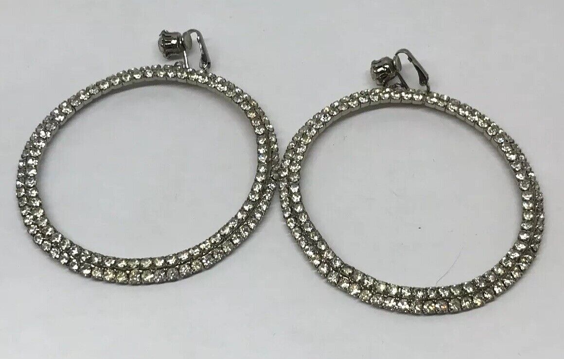 Haute Couture Runway Silver Tone Bezel Set Rhinestone Statement Hoop Earrings