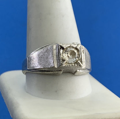 Vintage 925 Sterling Silver Round Cubic Zirconia Unisex Textured Cocktail Ring