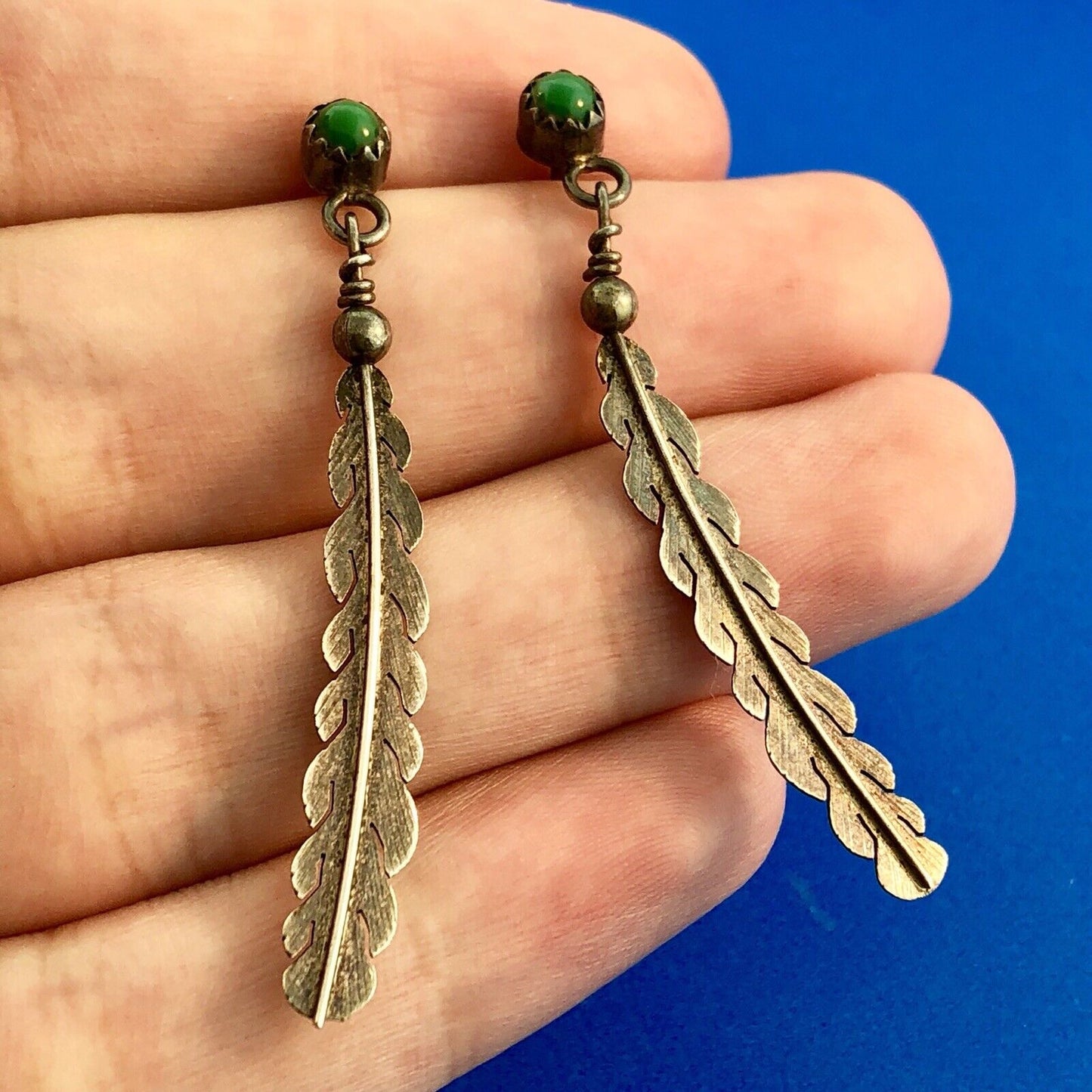 Artisan 925 Sterling Silver Green Onyx Feather Sun Catcher Drop Dangle Earrings