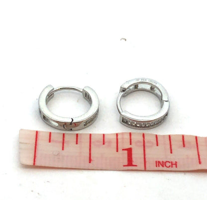Designer N 925 Sterling Silver Baguette Cubic Zirconia CZ Huggie Hoop Earrings