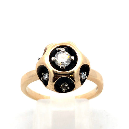 14K Yellow Gold Designer NW  Round Diamond Black Enamel Modernist Round Ring