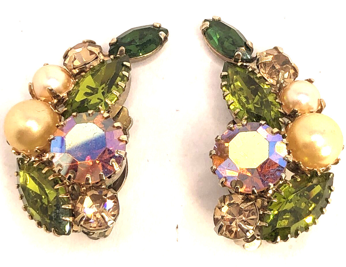 Mid Century Aurora Borealis Rhinestone Faux Pearl Statement Brooch & Earrings