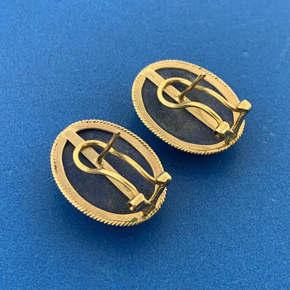 Vintage 14K Yellow Gold Lapis Lazuli Cabochon Statement Omega Back Earrings