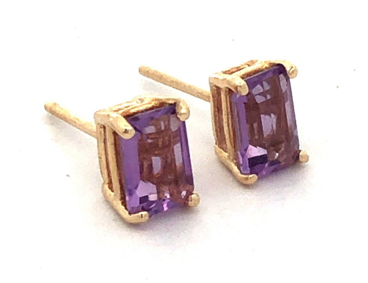 14K Yellow Gold Emerald Cut Purple Amethyst Solitaire Stud Earrings