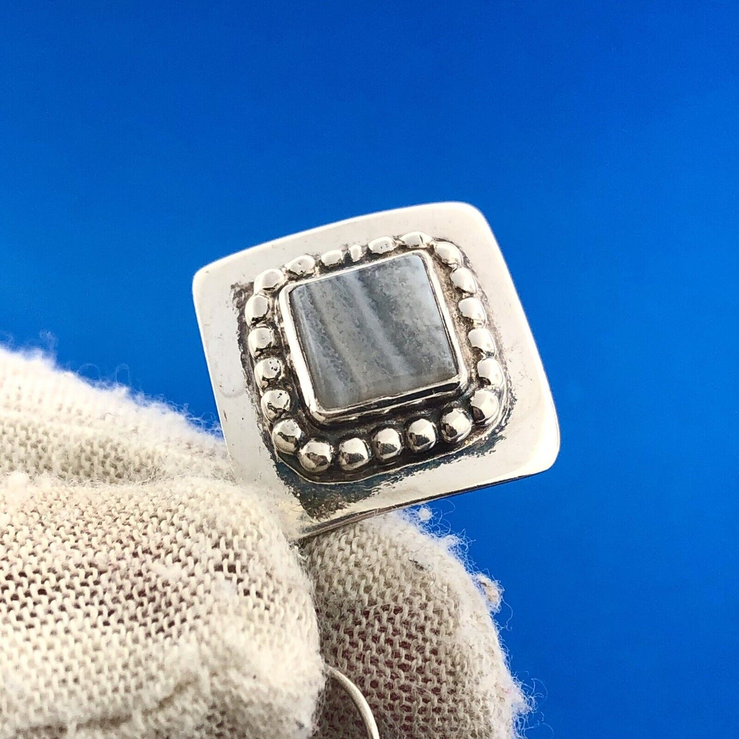 Lovely Sterling Silver 925 Cabochon Gray Lace Agate Square Dangle Hook Earrings