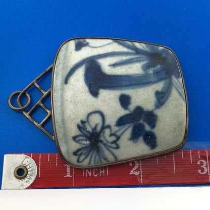 Vintage Artisan Signed 925 Sterling Silver Blue White Pottery Statement Pendant