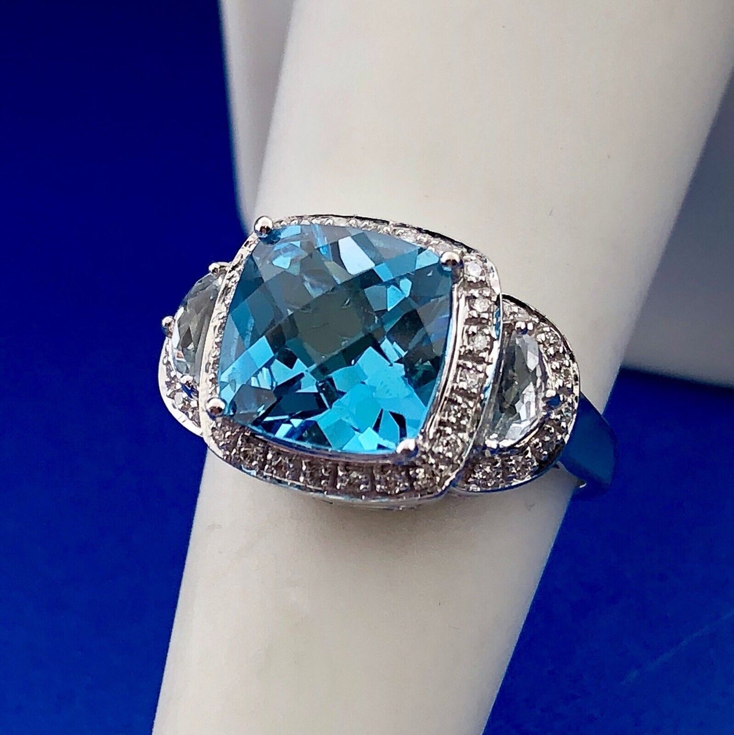 Stunning 14K White Gold Blue Topaz Diamond Aquamarine Accent Statement Ring