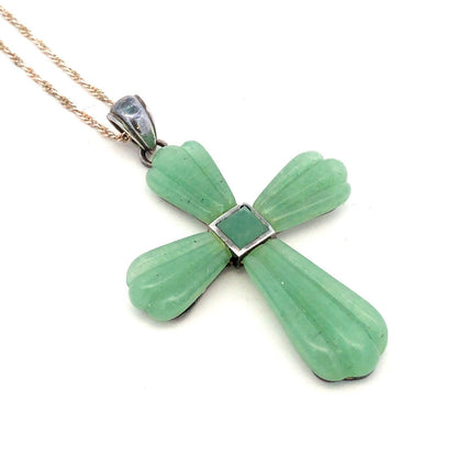 Designer 925 Sterling Silver Carved Jade Cross Statement Pendant Necklace