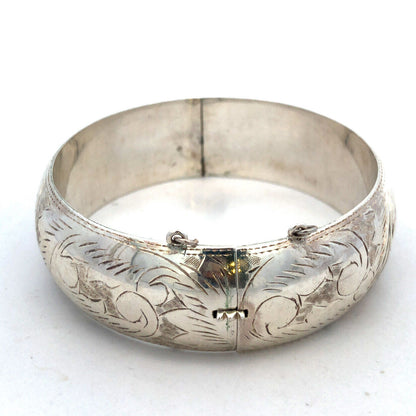 Vintage 925 Sterling Etched Engraved Vine Leaves Nature Hinged Bangle Bracelet