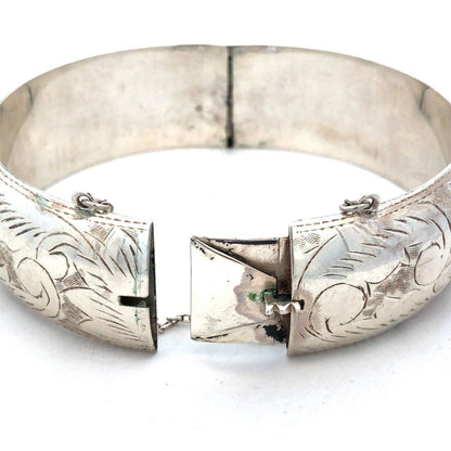 Vintage 925 Sterling Etched Engraved Vine Leaves Nature Hinged Bangle Bracelet