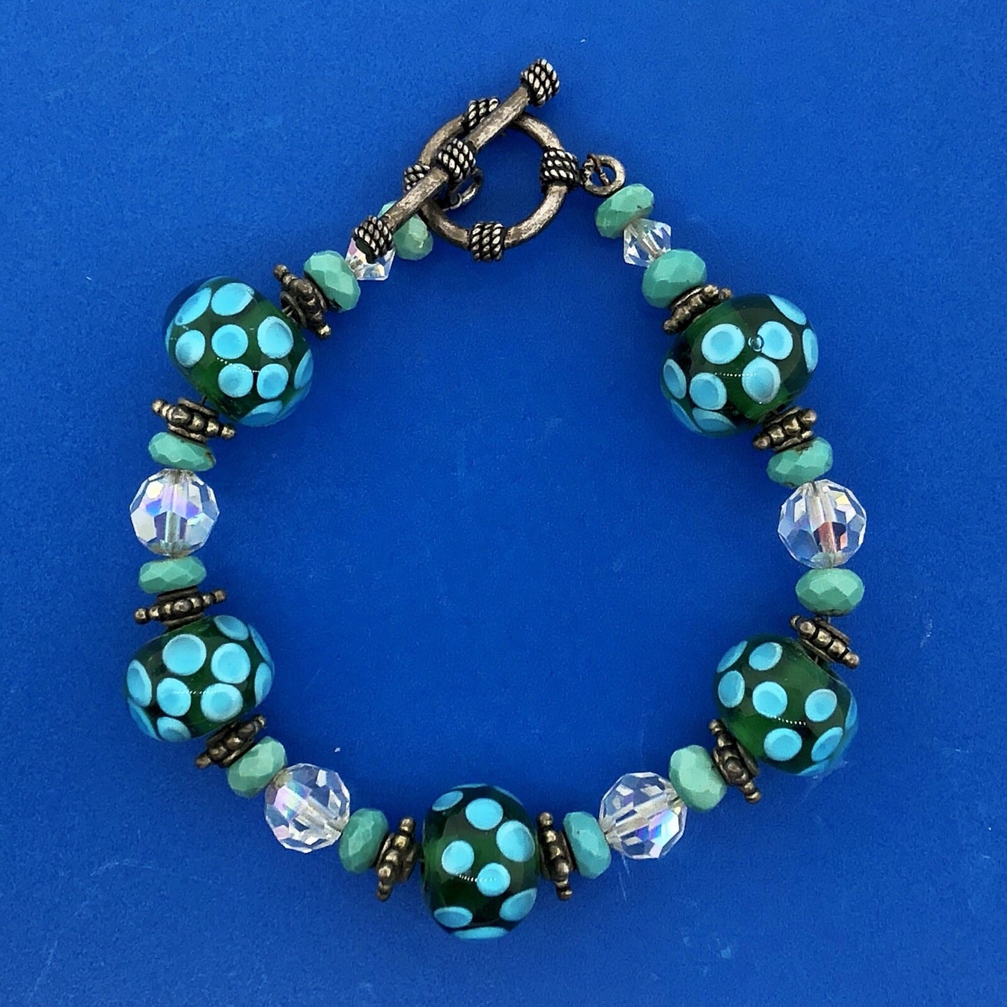 Vintage 925 Sterling Silver Turquoise Art Glass Crystal Bead Toggle Bracelet