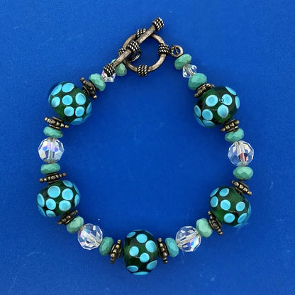 Vintage 925 Sterling Silver Turquoise Art Glass Crystal Bead Toggle Bracelet