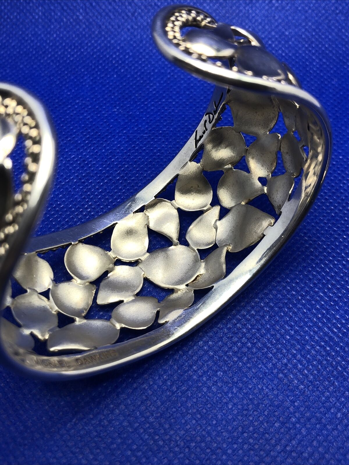 Michael Dawkins 925 Sterling Silver Petal & Beaded Detail Open Cuff Bracelet